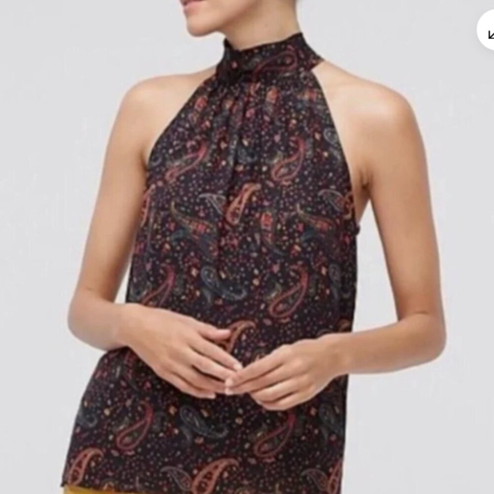 J.Crew Metallic Paisley Halter Tie-Neck Top, Black & Gold, Size 2, EUC